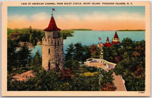 VINTAGE POSTCARD VIEW OF THE AMERICAN CHANNEL FROM BOLDT CASTLE HEART ISALND