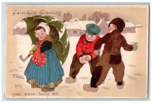 Valentine Postcard Greetings Dutch Children Snowball Fighting Winter 1906 Posted