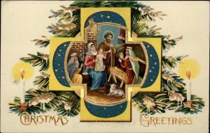 Christmas Nativity Mary Baby Jesus Wisemen Cross Border c1910 Gel Postcard