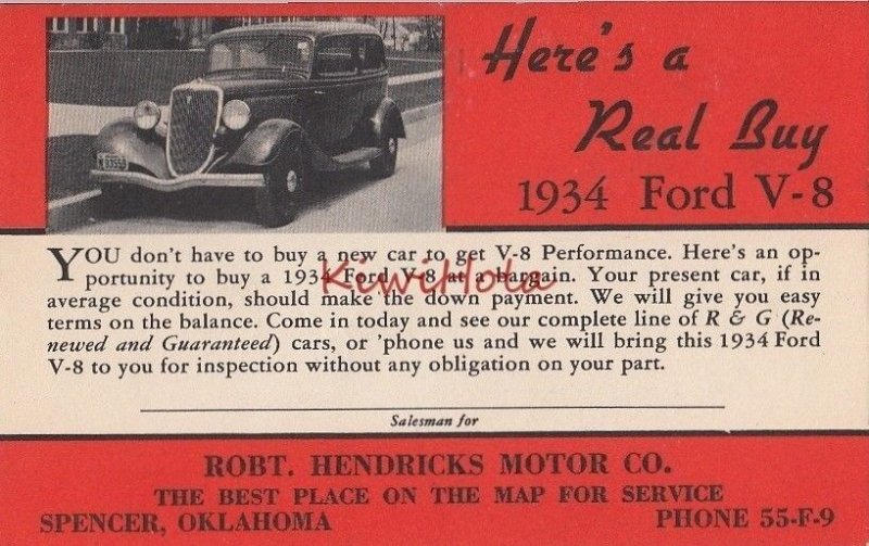 Postcard Here's a Real Buy 1934 Ford V-8 Robt Hendricks Motor Co Spencer OK