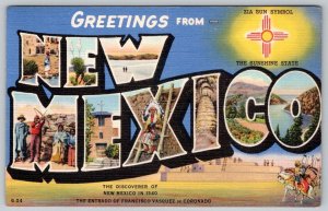 1941 GREETINGS FROM NEW MEXICO LARGE LETTER ZIA SUN SYMBOL LINEN POSTCARD