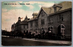 Postcard Regina Saskatchewan c1909 Fire Station No. 1 Horses with Pumpers