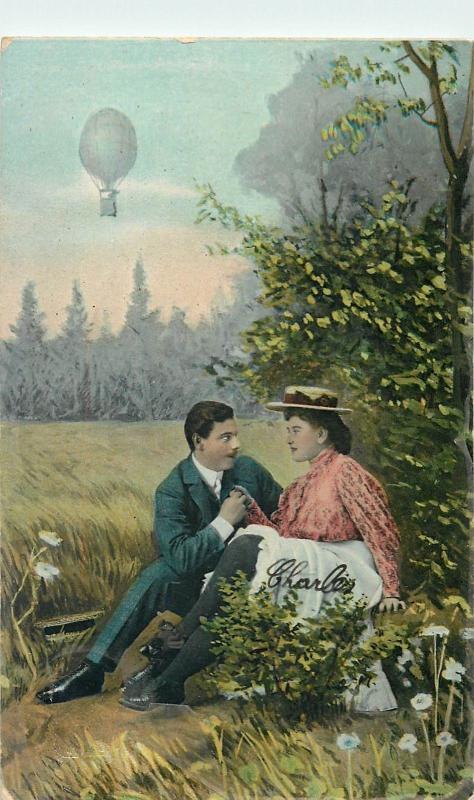 Romantic Lovers Couple Balloon Aerostat Amour Love Amoureaux Vintage Postcard