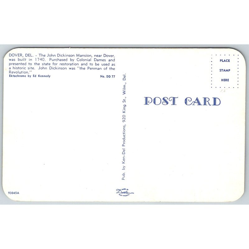 Postcard John Dickinson Mansion Dover Delaware Historic Site