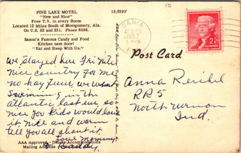 Linen Postcard Pine Lake Motel on U.S. 82 and 231 in Montgomery, Alabama
