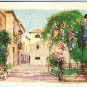 c1920s Seville, Spain Colorful Street Church Tower Balconies Flowery Trees A359