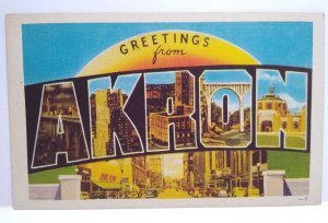 Greetings From Akron Ohio Large Big Letter City Postcard Linen Dexter Press