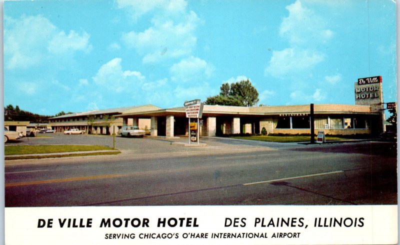 1950s De Ville Motor Hotel Motel Serving O'Hare Airport Des Plaines IL Postcard