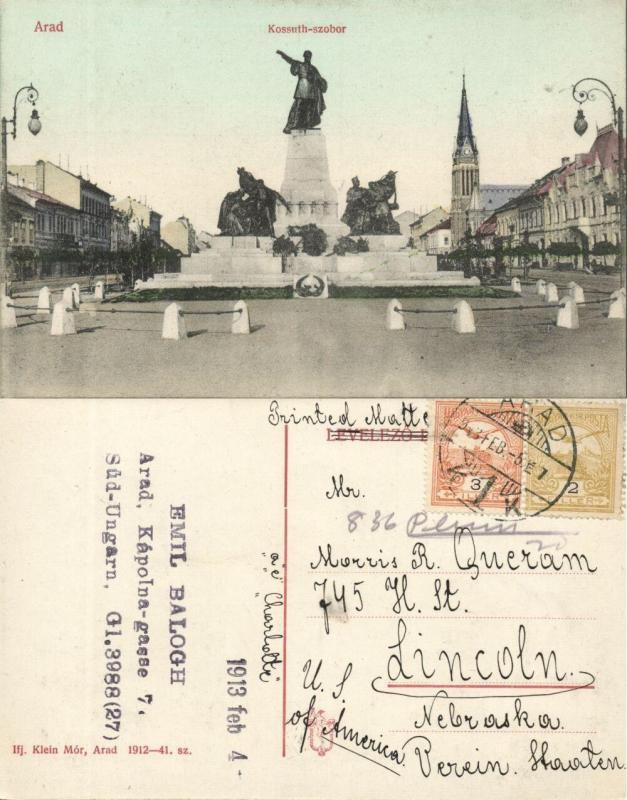 romania, ARAD, Kossuth-szobor, Kossuth Statue (1913) Postcard