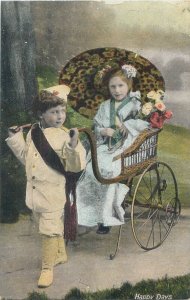 Lot 4 british vintage postcards children playing scenes happy days puppy dog pet