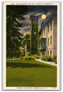 1940 Main Building Bell Tower Moonlight Furman University Greenville SC Postcard 