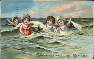 Tuck Greetings from the Seaside Children Swimming c1910 Vintage Postcard