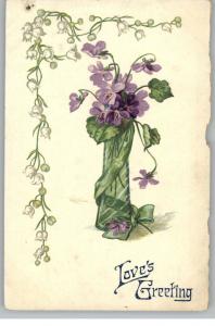 Old Postcard..Love's Greeting..Purple Flowers in Vase