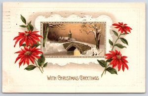 Postcard 1913 With Christmas Greetings Card Snow Bridge over Stream Red Flowers