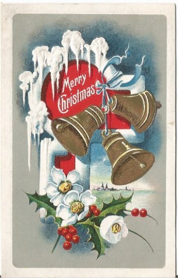 Vintage Embossed Postcard, A Frosty Greeting with Gold Christmas Bells Ice Cycle