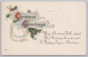Holiday~Christmas~Holly Berries~Gold Leaf~Calligraphy~Stecher Vintage Postcard