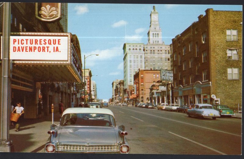 Iowa ~ Third Street looking East, DAVENPORT with 1950s cars - 1950s-1970s