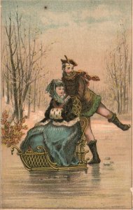 1880s-90s Man Pushing Woman on Sled Across the Ice Cold Trade Card