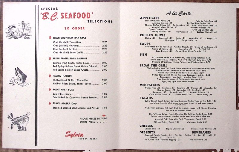 1940s SYLVIA HOTEL ENGLISH BAY VANCOUVER B.C SOUVENIR MENU DINE IN THE SKY Z3638