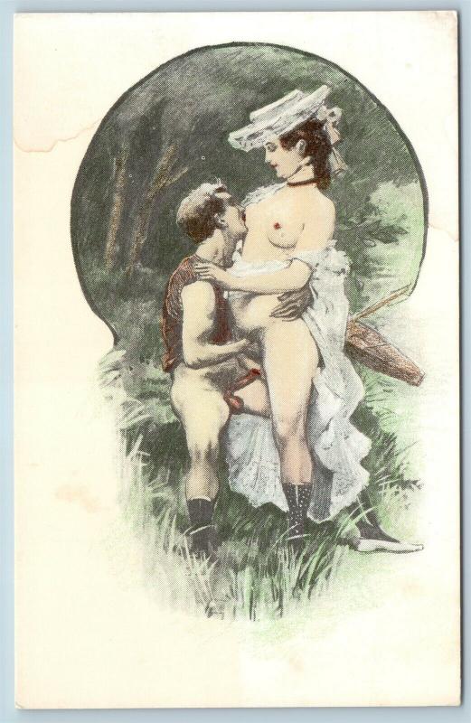 Postcard French Risque Man Woman Nude Action Cartoon Making Love On Shore Q16