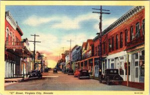 Virginia City, NV Nevada  C STREET SCENE  Stores & Cars  ca1940's Linen Postcard