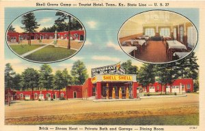 SHELL GAS STATION GROVE CAMP HOTEL TENNESSEE KENTUCKY ADVERTISING POSTCARD