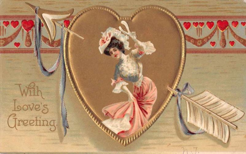 With Love's Greeting young lady bonnet arrow through heart antique pc Z39265