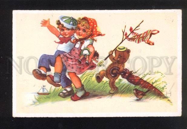 045965 Funny Kids & TEDDY BEAR w/ Umbrella vintage