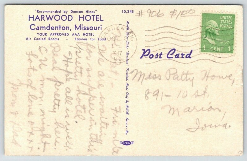 Camdenton Missouri~Harwood Hotel~Coffee Shop~Ate Supper Here~1947 MWM Linen PC 