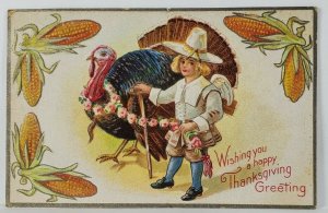Thanksgiving Pilgrim with Turkey Silver Trim Embossed Postcard R15