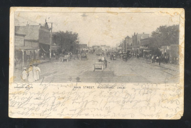 WOODWARD OKLAHOMA DOWNTOWN MAIN STREET SCENE 1908 VINTAGE POSTCARD