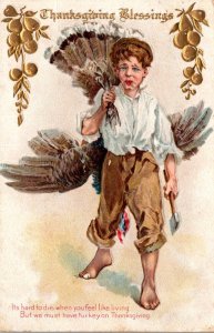 Thanksgiving Young Bor Carrying Turkey 1910