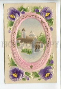 431858 EASTER Water Mill PANSY Vintage EMBOSSED postcard