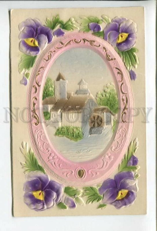 431858 EASTER Water Mill PANSY Vintage EMBOSSED postcard