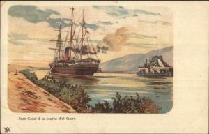 Suez Canal a la Courbe d'el Guirs Steamship w/ sails & Dredge c1905 Postcard