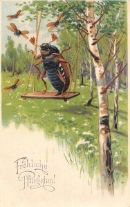 Pentecost Greetings Humanized Maybug on Swing Birch Tree postcard C317