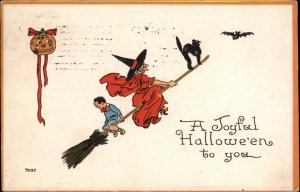 Halloween Scared Boy on Witch Broom #7035 c1910 Postcard