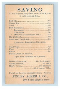 1880s-90s Finley Acker & Co. Coffee Chocolate Tea Pricing Card Yellow Rose P220