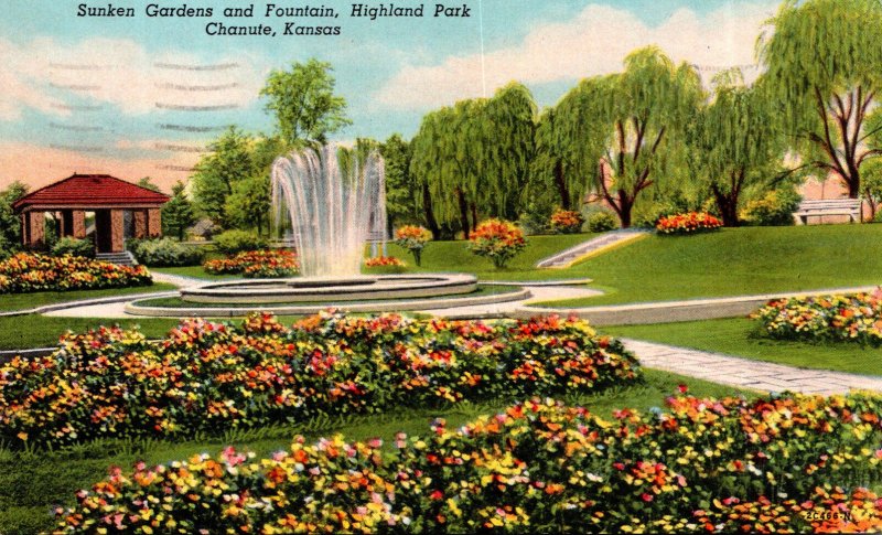 Kansas Chanute Highland Park Sunken Gardens and Fountains 1964 Curteich