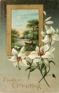 Greetings Card, Easter, Lake Scene, Fishing, White Flowers, Embossed