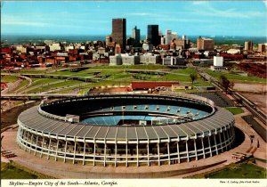 Aerial View Atlanta-Fulton County Stadium, Downtown Skyline Vintage Postcard I68