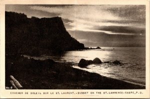 VINTAGE POSTCARD SUNSET ON THE ST. LAWRENCE RIVER AT GASPE QUEBEC CANADA c 1940s