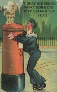 Drunk Military Sailor Hugging Post Pillar Box Old Comic Postcard