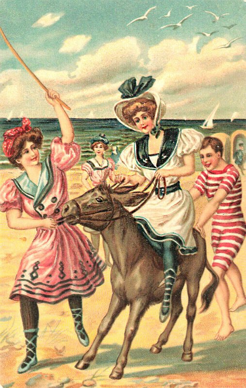 Bathing Women and Boy Trying To Control Donkey Beach Postcard