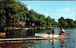 Irish Hills, MI Michigan  EVANS LAKE Boat Dock~Cabins~Boats 1957 Chrome Postcard