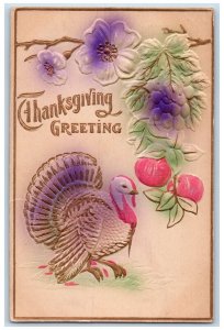 1910 Thanksgiving Greeting Turkey Flowers Fruits Airbrushed Embossed Postcard 