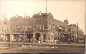 Real Photo Postcard Coon Block Estherville, Iowa Bank Dry Good Store Saddle