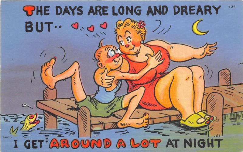 1940s Comic Postcard Skinny Man With Fat Girl I Get Around A Lot At Night