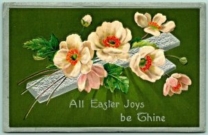 Lilies Cross Easter Joys Be Thine Embossed Silver Foil DB Postcard F8