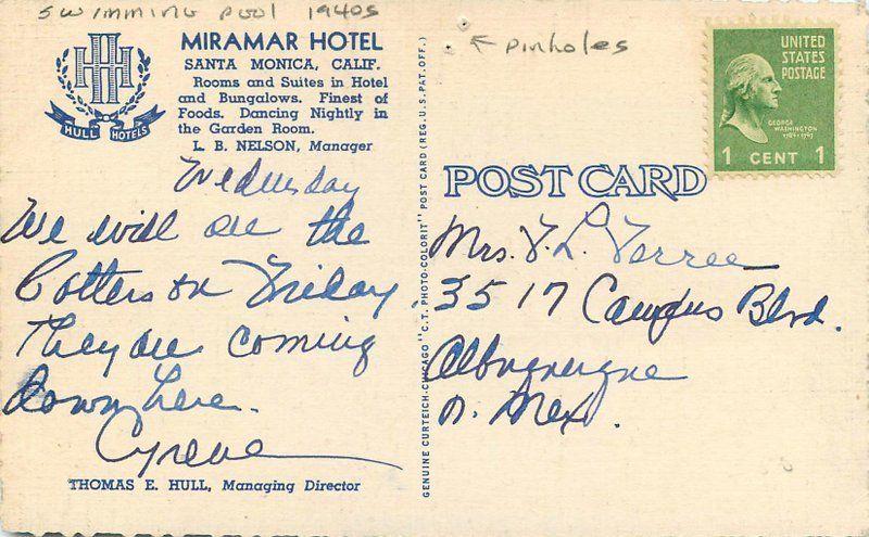 Miramar Hotel Swimming Pool Santa Monica California 1940s Postcard Linen 13332